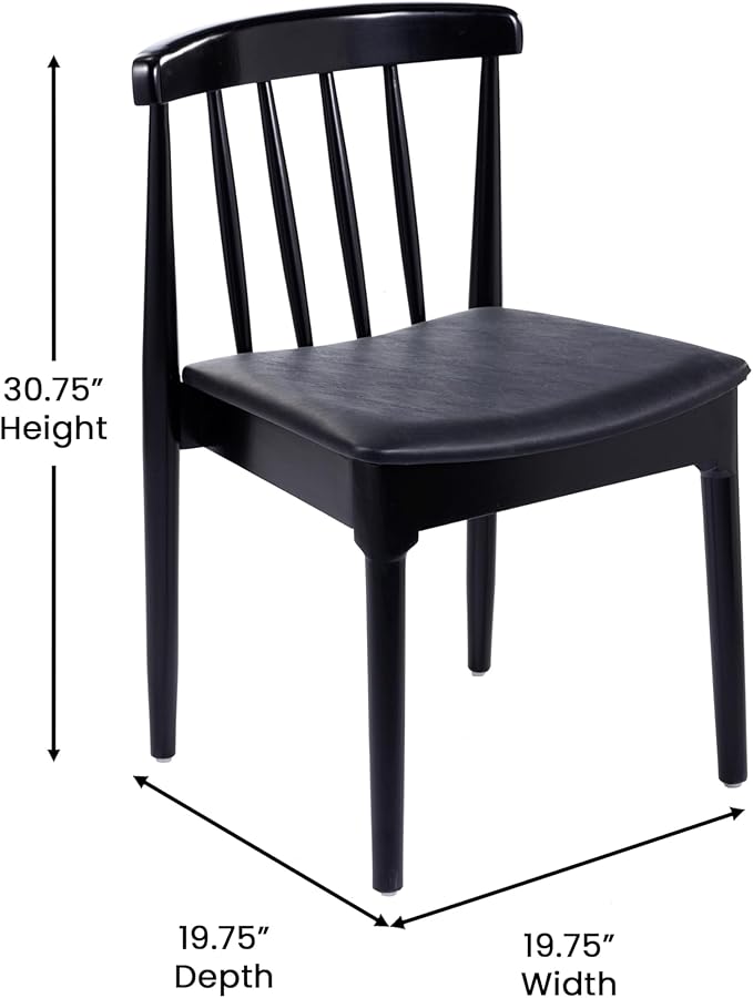Flash Furniture Chester Solid Wood Dining Chair, Commercial Grade Restaurant Chair with Curved Spindle Backrest and Vinyl Padded Seat, Set of 2, Black/Black
