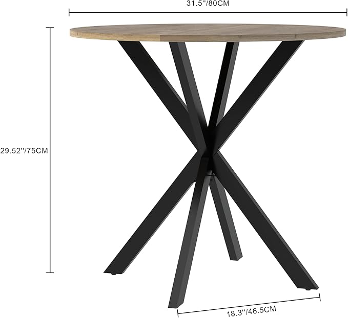 31.5" Round Dining Table for 2-4 People, Small Circle Kitchen Table with Black Metal Legs, Space-Saving Table for Apartments, Small Spaces (Rustic Brown)