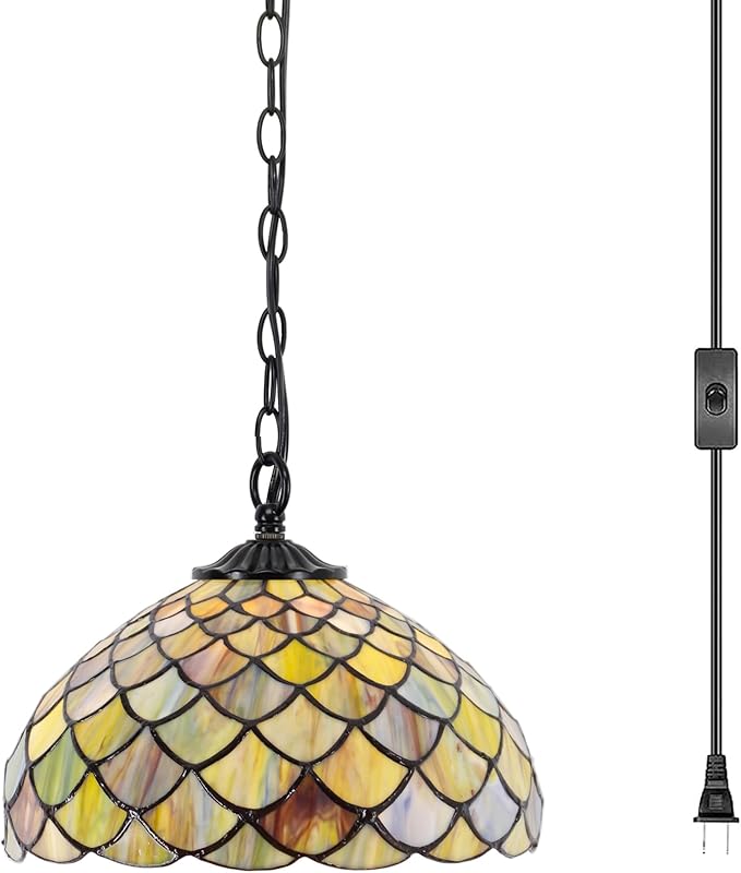 Tiffany Pendant Light Plug in 12 Inch Brown Fish Scales Stained Glass Hanging Lamp with Chain 33 Inch, Cord 15 Feet