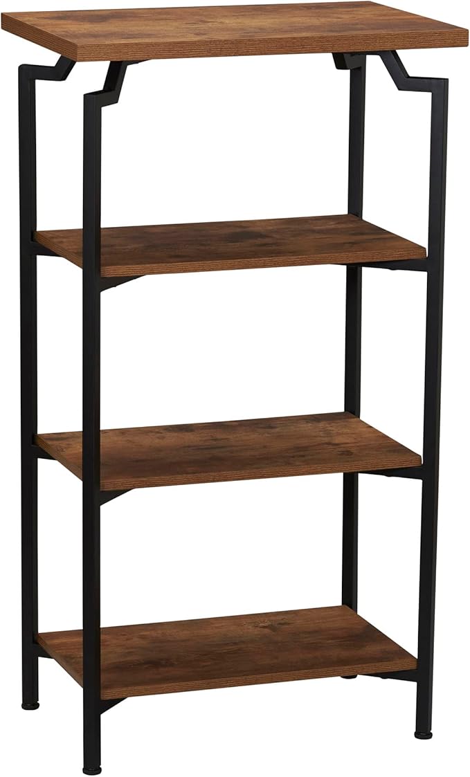Household Essentials Crown Narrow 4 Shelf Open Storage Bookshelf Rustic Hickory Wood Grain and Black Metal