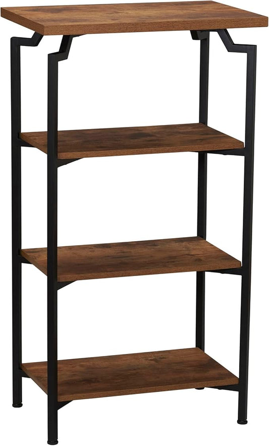 Household Essentials Crown Narrow 4 Shelf Open Storage Bookshelf Rustic Hickory Wood Grain and Black Metal