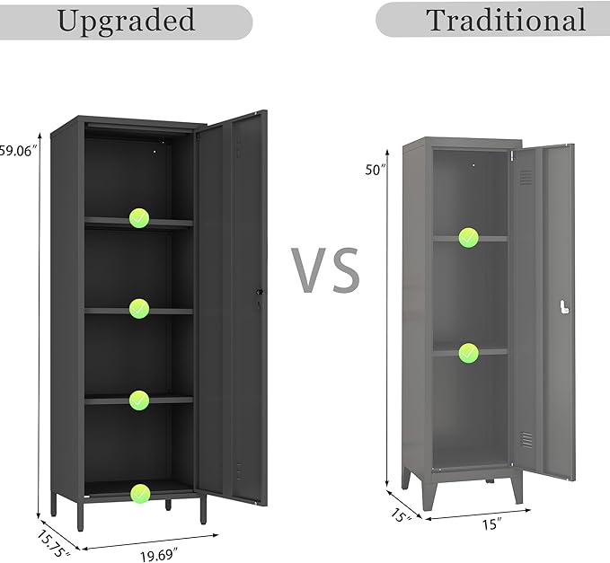 Metal Storage Cabinet, Steel File Locker with 3 Shelves 59.06-inch high for School, Living Room, Bedroom, (Black, H59.06'')