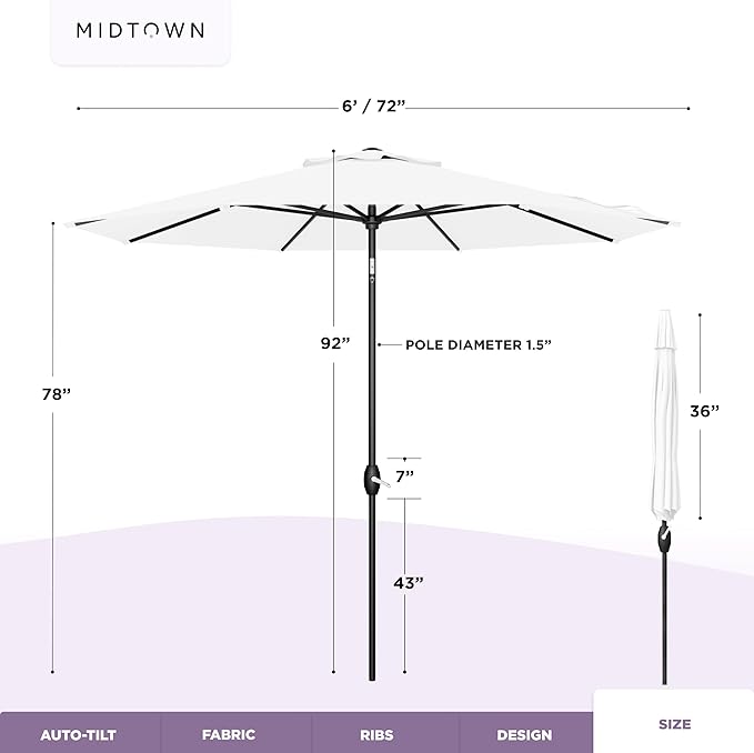 Midtown Umbrellas - 10-Year-No-Fade 6 Ft Patio Umbrella with Terylast Fabric, Auto-Tilt Aluminum Frame and 8 Reinforced Ribs for Deck, Pool, Garden & Beach - Ivory White Canopy, Black Pole