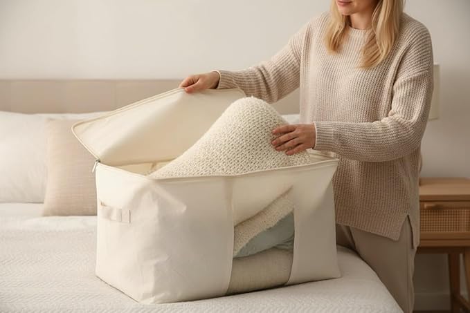 Soft Large Canvas Comforter Storage Bags with Four Carrying Handles and Clear Window, Closet Organizer for Clothing, Blankets Sheets Pillows and Bedding, 80L, Beige