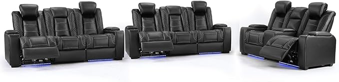 ANJ Recliner Sofa Set: 3-Seat Home Theater Seating and 2PCS Loveseats with LED Lights, USB Charging, Faux Leather for Living Room (Black)