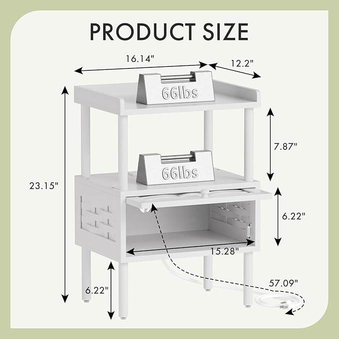 Amazer Bamboo Nightstand with Charging Station, Bedside Table with USB Ports & Outlets, End Table, Night Stand for Bedroom Lift-Up Drawer & Open Shelf, White