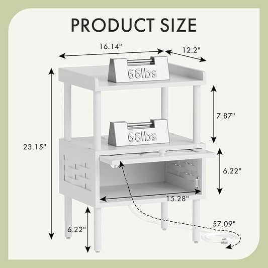 Amazer Bamboo Nightstand with Charging Station, Bedside Table with USB Ports & Outlets, End Table, Night Stand for Bedroom Lift-Up Drawer & Open Shelf, White
