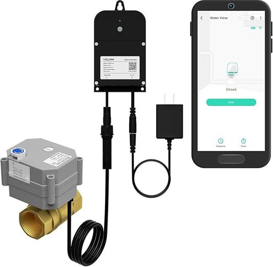 YoLink Wireless Smart Valve Control Kit, 1-1/4" Brass Motorized Valve, Wireless Controller 2, LoRa Long Range, D2D Offline with Leak Sensors, 12V Adapter with 2 Years Battery backu