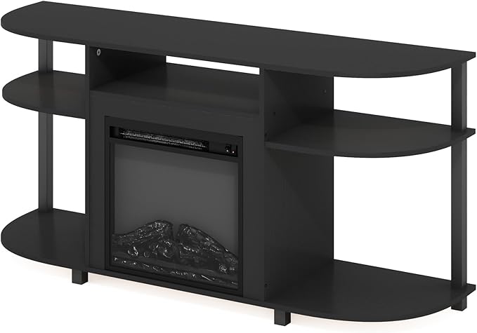 Furinno Jensen Fireplace TV Stand, Curved Entertainment Center, TV Console for TV up to 55 Inch with Fireplace and Open Storage, for Living Room, Bedroom, Americano