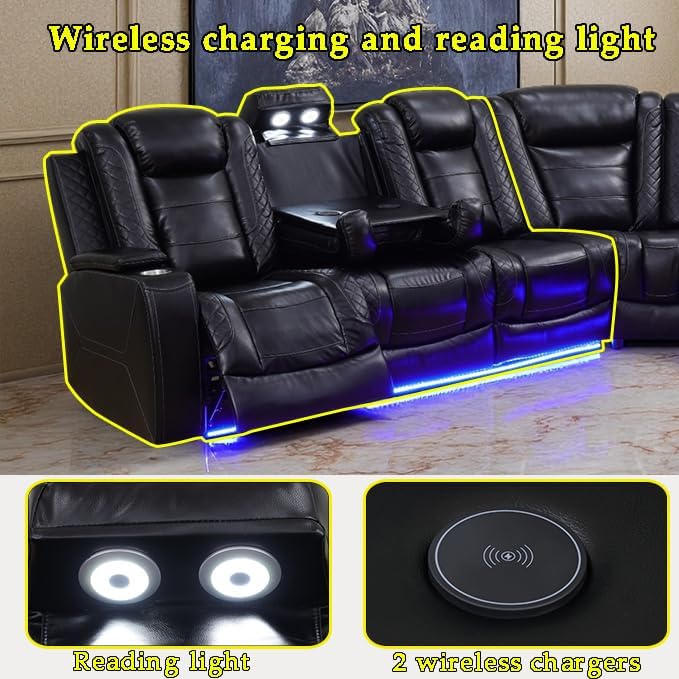 A Ainehome Living Room Furniture Power Recliner Sectional Sofa Set, Power Reclining Sectional Couch, Adjustable Sofa, Loveseat and Chair with USB Chargers/Storage Console for Living Room(B-Black)