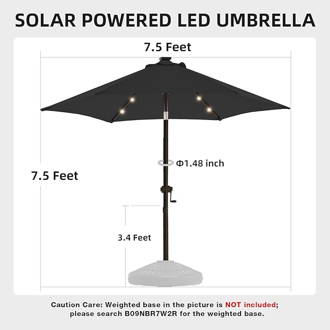 wikiwiki 7.5ft Outdoor Patio Table Umbrella, Sturdy Solar Led Market Umbrella for Deck, Pool, Garden w/Tilt, Crank, 18 LED Lights - Carbon Grey