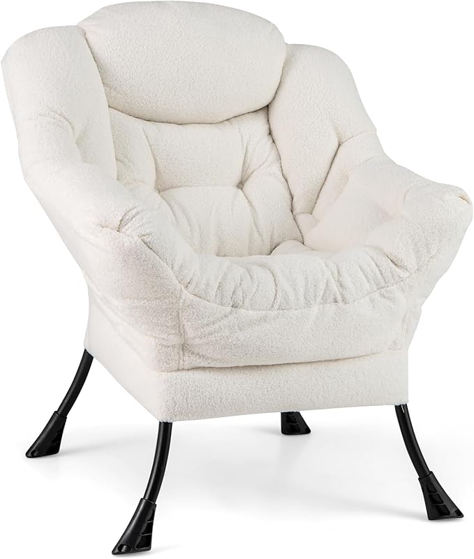 Giantex Lazy Chair, Modern Sherpa Accent Chair w/Steel Frame, Upholstered Single Sofa Chair w/Armrests & Side Pocket, Leisure Reading Lounge Chair for Living Room, Bedroom, Office, Dorm (White)
