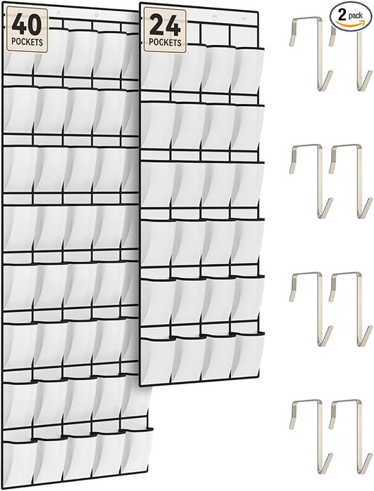 dodowin Over the Door Shoe Organizers, 2 Pack (24 & 40 Pockets) - Hanging Shoe Rack with 4 Metal Hooks, Space Saving Foldable Storage for Closet Door, White