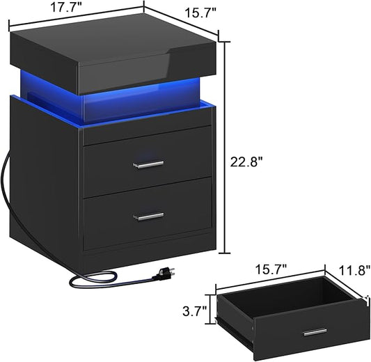 ChooChoo LED Nightstand with Charging Station,Smart Night Stand with Sliding Top Storage, 2-Drawers High Gloss Bedside Table, Modern End Table for Bedroom,Black