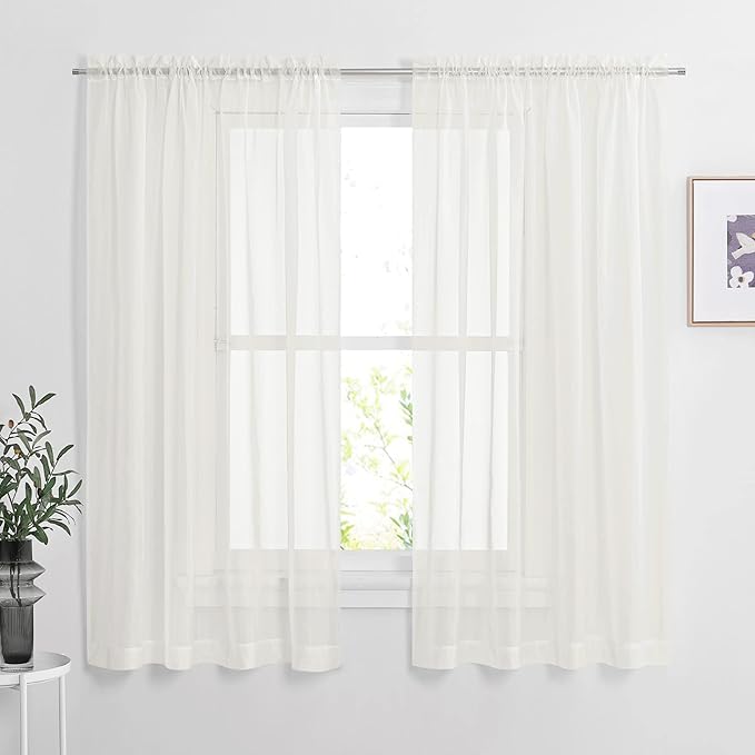 NICETOWN Beige Sheer Curtains 63 inches Length for Bedroom, Rod Pocket Voile Texture Sheer Window Treatment for Living Room, 60" Wide Each Panel, 2 Panels