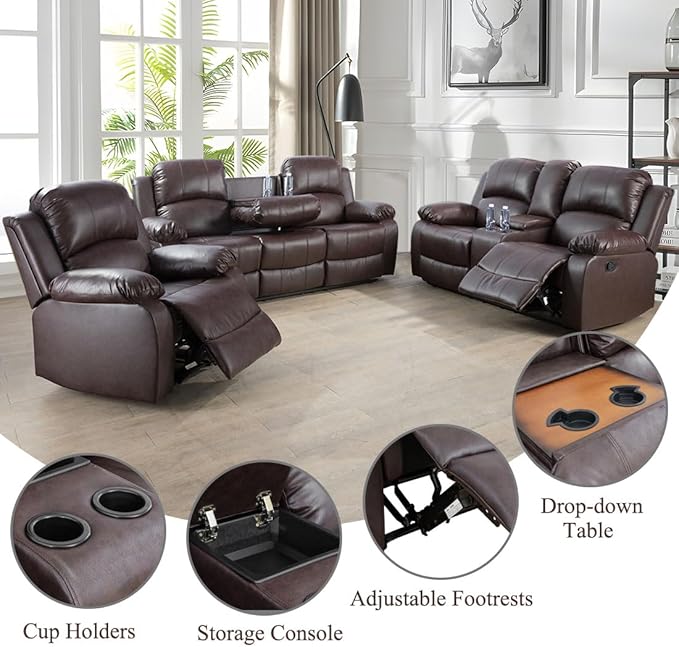 3PCS Recliner Sofa Set Vegan Leather Reclining Couch Set Dekmxas Living Room Furniture Sets Manual Reclining Sofa Set with Cup Holders/Storage Console/Flip Down Table for Home/Office (Brown, 3PCS Set)