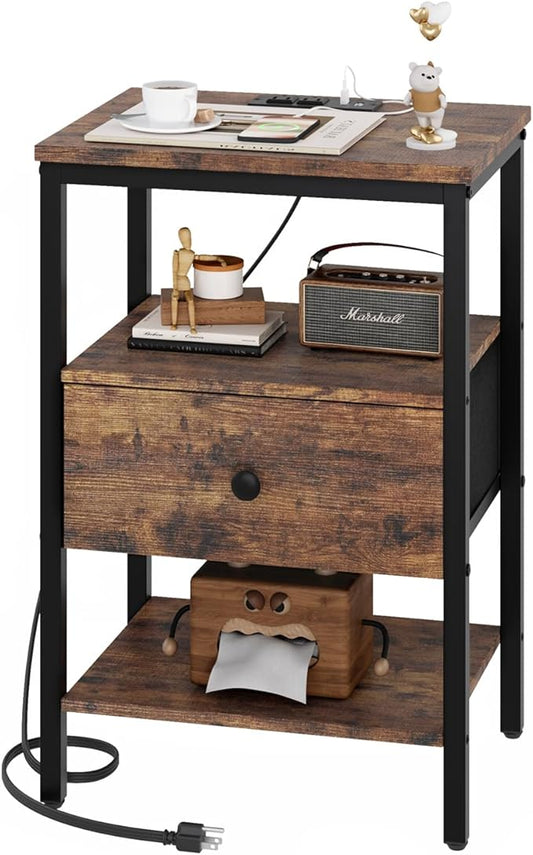 Night Stand with Charging Station, Nightstand with Adjustable Drawer & Shelf, Small Nightstands for Bedroom, Fabric Drawer with MDF Front, 5.9ft Power Cord - Vintage Brown, NTF1D