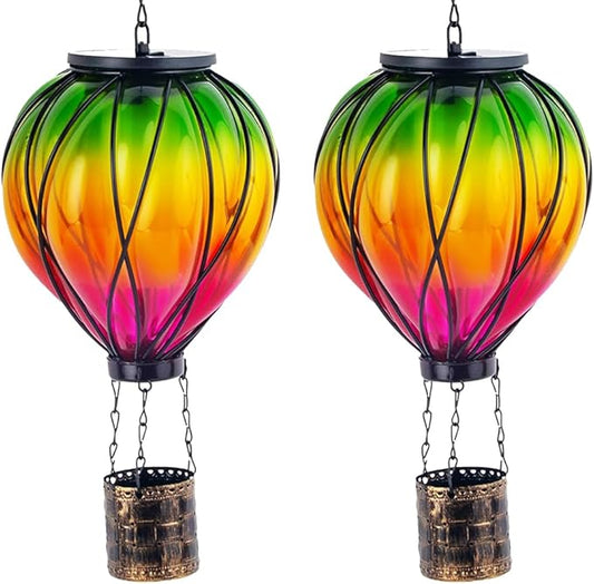 2PCS Colorful Solar Hot Air Balloon Lanterns with Flickering Flame LED Glass Hot Air Balloon Solar Lanterns Outdoor Waterproof Hanging Lights for Yard Garden Decor Mother Day Gifts for Women