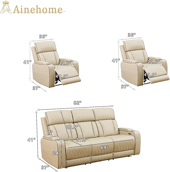 A Ainehome 3 Piece Power Recliner Sofa Set with LED, Power Leather Reclining Sofa and Chair Set, Leather Couches Sectional Recliner Chair for Living Room with USB Port/Storage Console