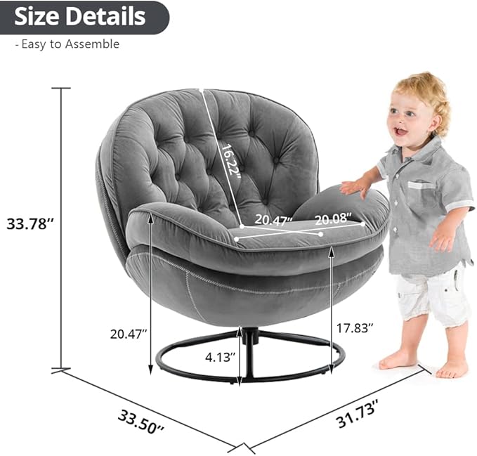 Velvet Swivel Accent Chair with Ottoman Set, Modern Lounge Chair with Metal Base Frame & Footrest, Comfortable Single Leisure Sofa Chair Reading Chair with 360 Degree Swiveling for Living Room, Gray
