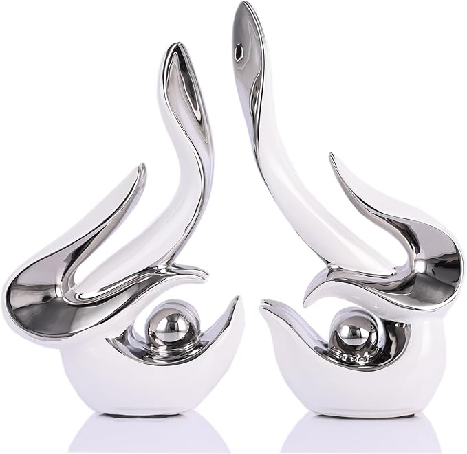 2PCS Abstract Ceramic Sculptures for Modern Decor, Sculptures Home Decor Accent,Abstract Art Figurines for Living Room Decorative Objects,Tabletop Centerpiece for Entryway,Shelf,TV Stand(White Silver)