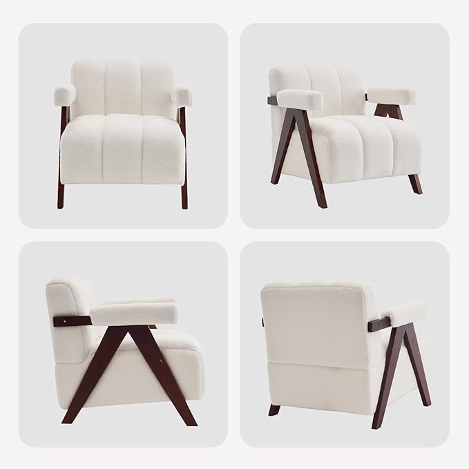 Accent Chair Mid-Century Modern with Wide Backrest for Bedroom, Upholstered Living Room Chair with Wooden, Lounge Armchair with Thick Cushion, Cute Teddy Comfy Chair, Ivory