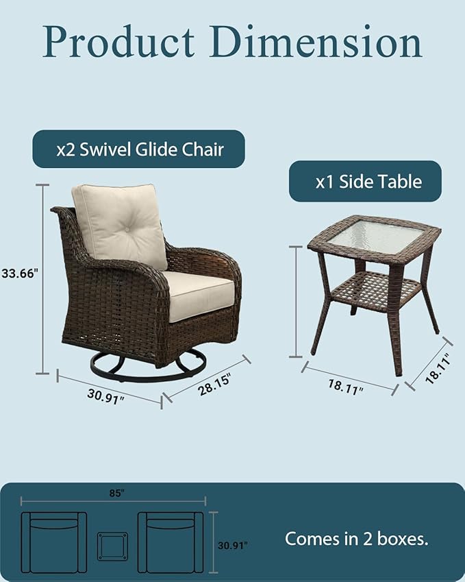 Patio Furniture Set, 3PCS Outdoor Wicker Conversation Set Porch Furniture with 6" Thick Cushions, High Back Swivel Chairs, Weather Resistant Olefin Fabric for Garden, Poolside, Beige