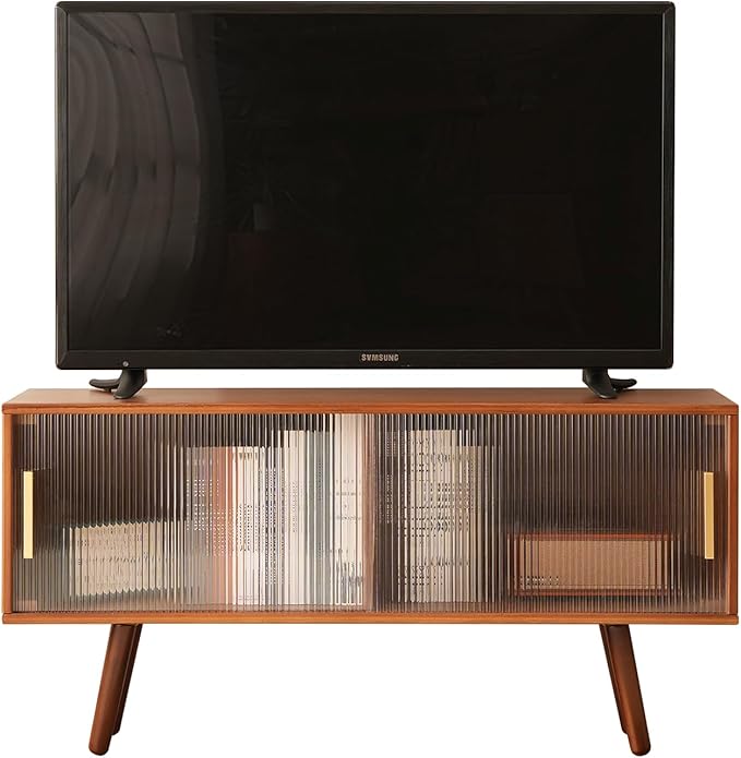 Bamboo TV Stand Entertainment Center, Mid-Century Modern Television Stand for 50-55 inch TVs, Rustic Brown Media Console Table, Open Storage Shelves for Living Room, Bedroom and Home Decor