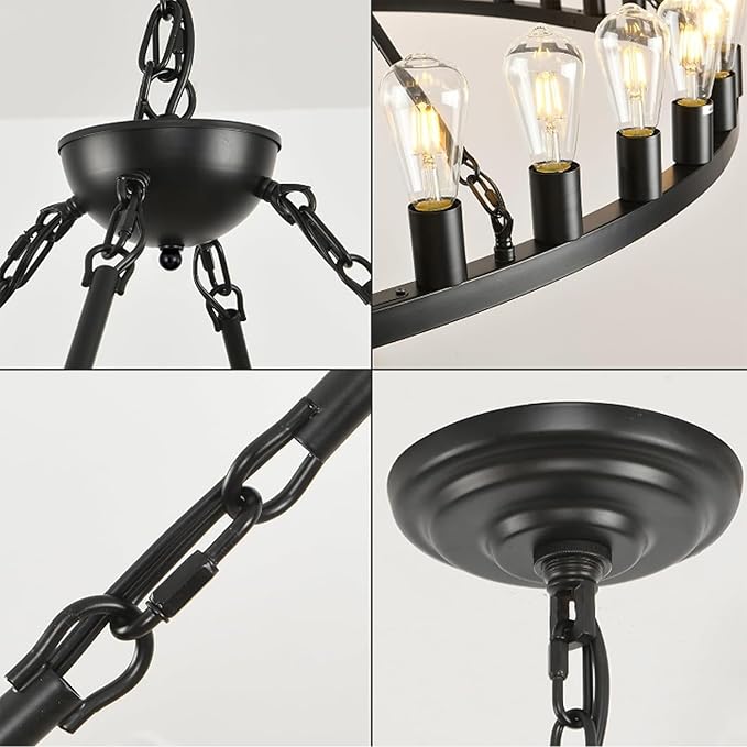 Wagon Wheel Chandelier Farmhouse 53" 30-Light Large Black Farmhouse Round Wheel Chandelier Light fixtures Outdoor Wagon Wheel Chandeliers for Porch high Ceilings Dining Room Living Room