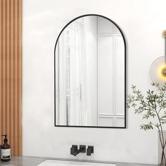 Wall Mounted Mirror, 20"x30" Arched Wall Bathroom Mirror, Black Vanity Wall Mirror with Metal Frame, Modern & Contemporary Arch Top Wall Mirror for Bedroom, Entryway, Living Room, Black