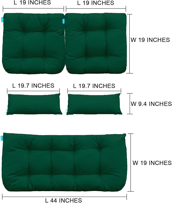 QILLOWAY Outdoor Patio Wicker Seat Cushions Group Loveseat/Two U-Shape/Two Lumbar Pillows for Patio Furniture,Wicker Loveseat,Bench,Porch,Settee of 5 (Mallard/Forest Green)