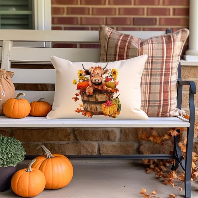 RABUSOFA Fall Decor Pillow Covers 12x20 Inch Lumbar Highland Cow Autumn Fall Decorations for Home Outdoor Thanksgiving Sunflower Decor Decorative Throw Pillow Cases for Couch