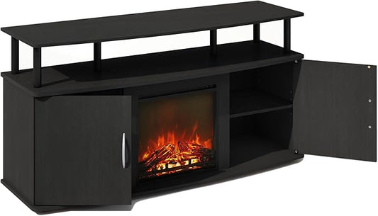 Furinno Jensen Fireplace TV Stand, NO Heat Decorative Electric Fireplace Corner TV Stand for TV up to 55 Inch, with Doors Storage Cabinet, for Living Room, Americano/Black