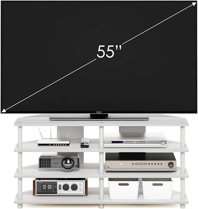 Furinno ECON TV Stand, 4-Tier Corner Entertainment Center, TV Console for TV up to 55 Inch, Easy Assembly, for Living Room, Bedroom, White