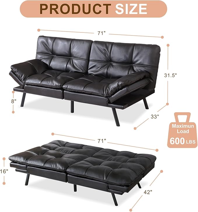 Opoiar Futon Sofa Bed, Memory Foam Futon, Convertible Futon Couch, Faux Leather Sofa Bed,Modern Loveseat Sofa,Comfy Sleeper Sofa for Compact Space,Apartment, Living Room,Easy Assemble,Black