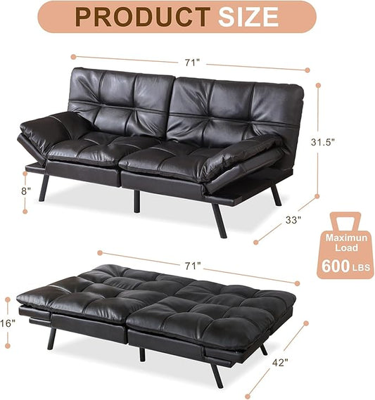 Opoiar Futon Sofa Bed, Memory Foam Futon, Convertible Futon Couch, Faux Leather Sofa Bed,Modern Loveseat Sofa,Comfy Sleeper Sofa for Compact Space,Apartment, Living Room,Easy Assemble,Black