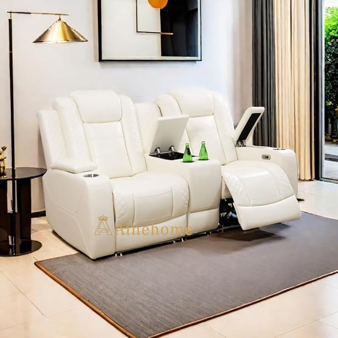 A Ainehome Power Leather Recliner Sofa Set with LED Lights, Recliner Sofa Sectional Couches for Living Room, Reclining Sofa and loveseat with USB Port/Storage Console(Creamy White,loveseat)