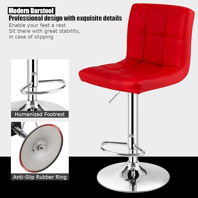 COSTWAY Adjustable Bar Stools Set of 4, Modern Swivel PU Leather Bar Chair with Backrest, Soft Cushioned Seat, Footrest, Sturdy Metal Frame, Comfortable Barstools for Kitchen Island, Pub, Red