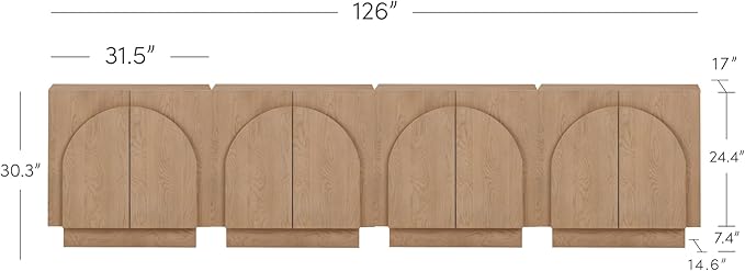 Nathan James Iris Mid-Century Modern Credenza, Brown TV Stand, Living Room Wood Storage Cabinet with Arched Cabinet Doors, Raw Oak, Set of 4