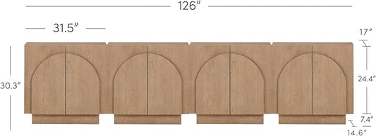 Nathan James Iris Mid-Century Modern Credenza, Brown TV Stand, Living Room Wood Storage Cabinet with Arched Cabinet Doors, Raw Oak, Set of 4