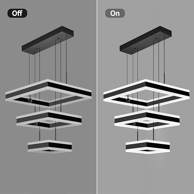 Modern Black Chandelier Foyer Ceiling Chandeliers 90W Dimmable LED Pendant Light Dining Room Light Fixture 3 Rings Square Chandelier for Kitchen Island Living Room Bedroom Hallway