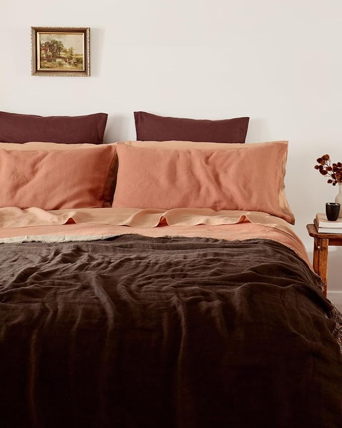 Bed Threads - Linen Muslin Throw - 100% French Flax Linen - Double-Layered & Frayed Edge - Eco-Friendly - Soft & Delicate Blanket - Two-Tone Design - Machine Washable - 87” x 59” - Oatmeal/Mocha