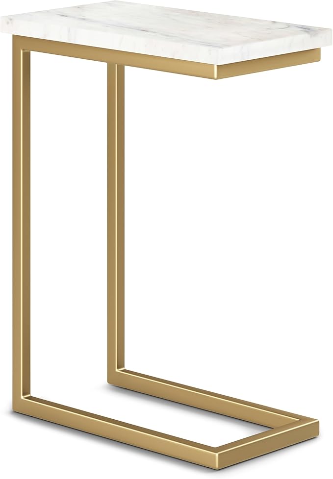 SIMPLIHOME Skyler Metal Table - 18" Wide x 24" High Solid Iron C-Side Table with Genuine White Marble Top in Gold, Contemporary Accent End Table for Living Room or Home Office with Slide-Under Design