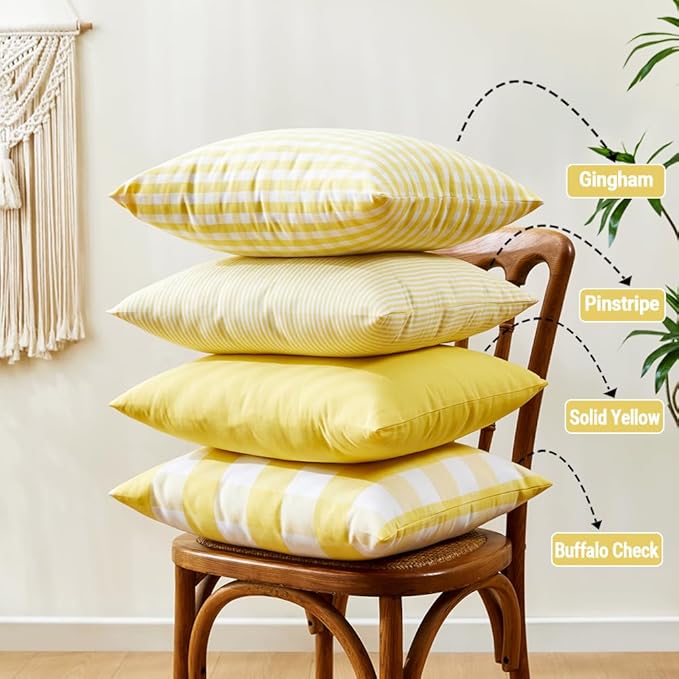 CARRIE HOME Yellow Gingham Checkered Throw Pillow Covers 18x18 Set of 2, Neutral Modern Farmhouse Yellow Outdoor Pillows 18 x 18 for Porch Patio Furniture (No Pillow Inserts)
