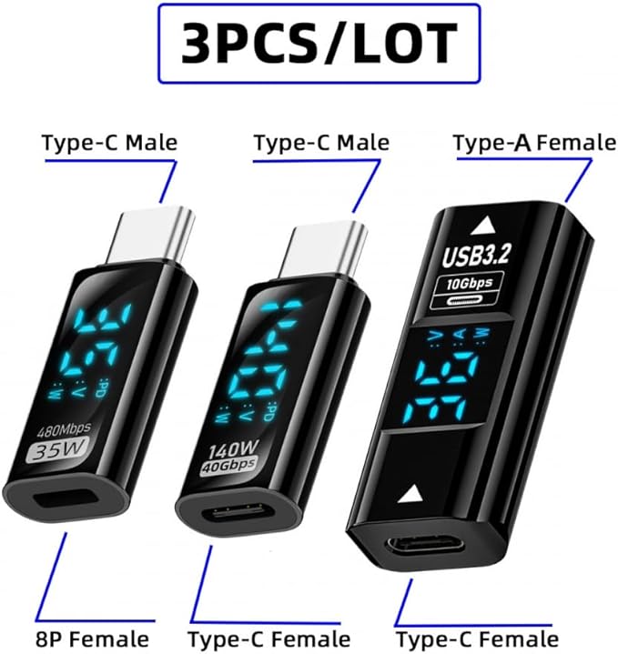 CY Adapter 3pcs/lot Type-C Smart LED Display USB-C Female to USB Type-A 8P Adapter Data Current Voltage Fast Charging Monitoring Display Tester Detector