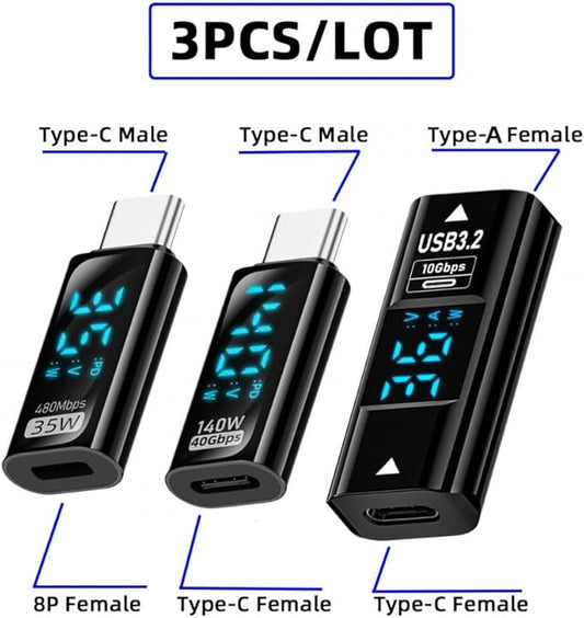 CY Adapter 3pcs/lot Type-C Smart LED Display USB-C Female to USB Type-A 8P Adapter Data Current Voltage Fast Charging Monitoring Display Tester Detector
