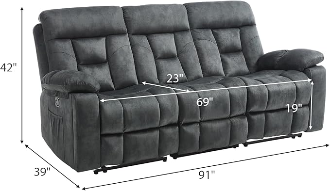 EBELLO Reclining Sofa for Living Room, Extra Wide Modern Overstuffed 3 Seat Recliner Manual Sofa with Hidden Armrest Cup Holders, Soft Breathable Fabric and Padded Seat, Dark Greenish-Grey