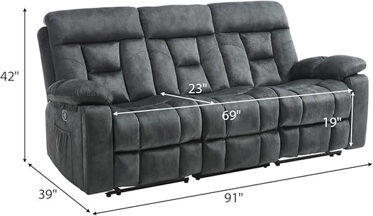 EBELLO Reclining Sofa for Living Room, Extra Wide Modern Overstuffed 3 Seat Recliner Manual Sofa with Hidden Armrest Cup Holders, Soft Breathable Fabric and Padded Seat, Dark Greenish-Grey