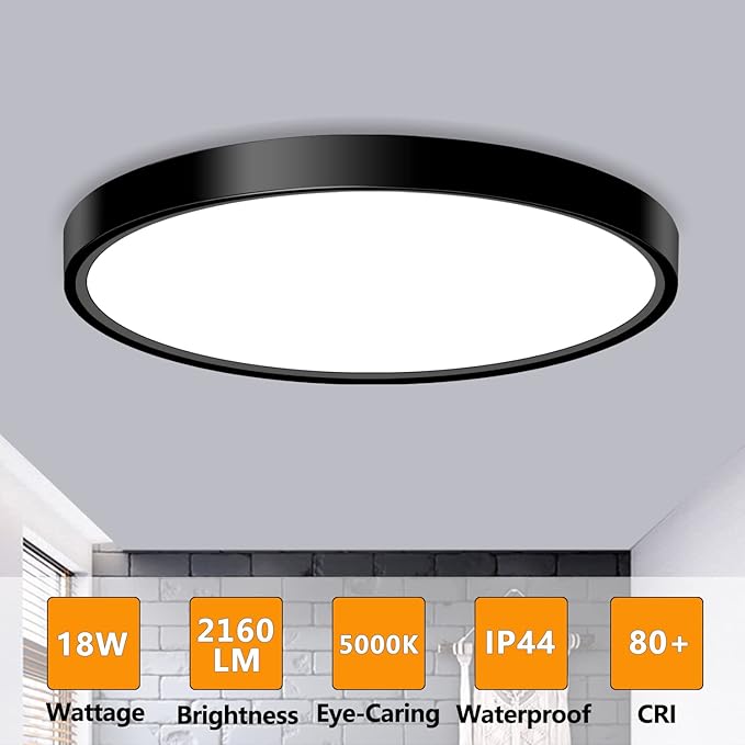 LED Flush Mount Ceiling Light Fixture, 9inch Modern Black Light, 18W 5000K, Low Profile Slim Flat Surface Lights for Bedroom Kitchen Hallway Laundry Stairwell Basement Closet