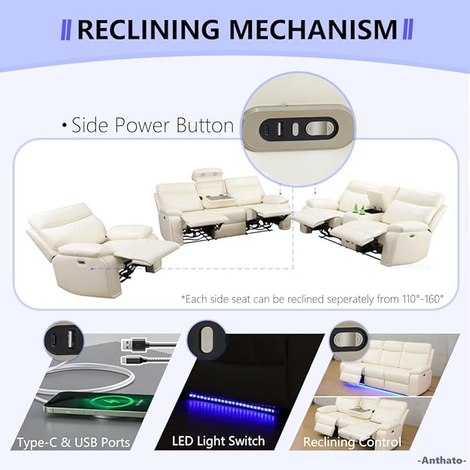 Power Recliner Sofa Set, Breathing Leather Reclining Sofa Set, Recliner Couch Loveseat and Chair with Cup Holders/Charging, Living Room Set with Recliners for Home Theater/Office, Cream White